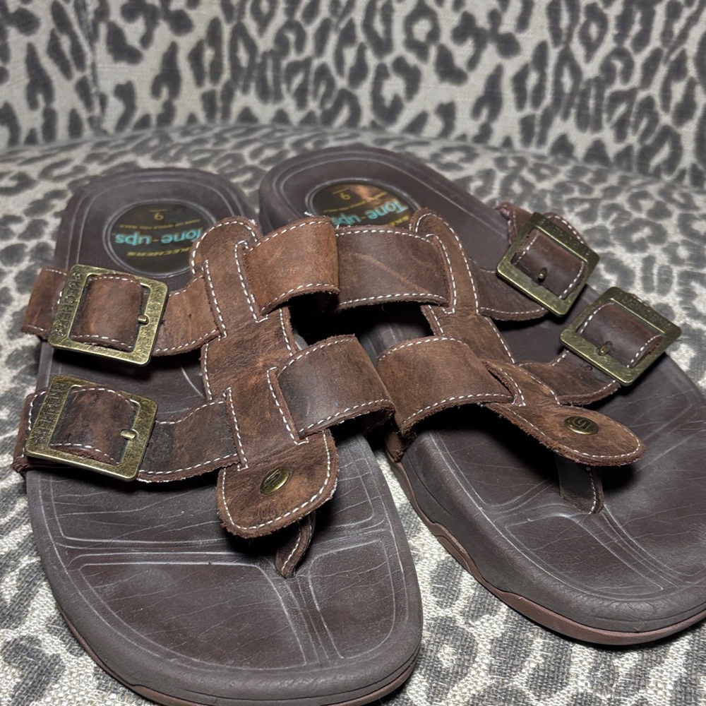 sketchers tone‎ up brown leather sandals thick strap leather walking sandals 9